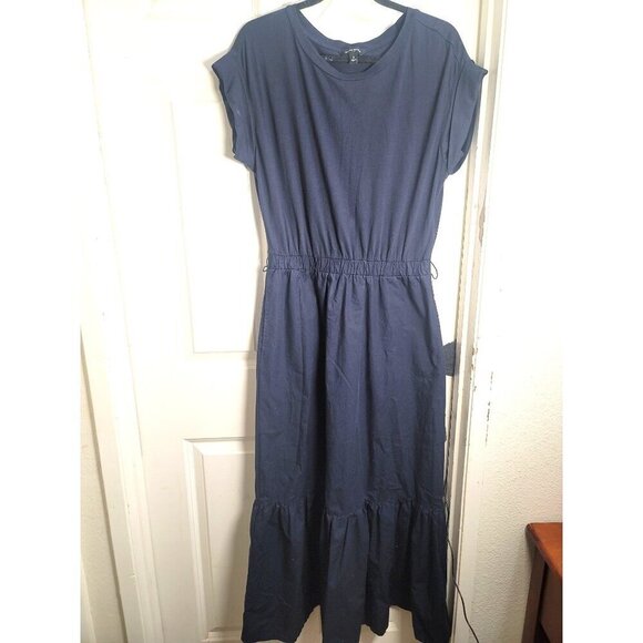 Banana Republic Navy Blue Short Sleeve Elastic Waist Maxi Sunday Dress With Ruff - Picture 1 of 11